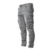 SHOPMOCHO Men Street Elastic Denim Jeans Wash Solid Color Multi Pockets Cargo Pants Casual Slim Fit Daily Wear Joggers Mid Waist Trousers