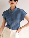 Shopmocho Miyake Pleated Cardigan Single Breasted Short Sleeve Polo Shirt Women Spring Summer Korean Fashion Causal Comfortable Clothing