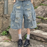 SHOPMOCHO American New Fashion Heavy Industry Deconstruction Hole Wash Jeans Cropped Pants Men Women Y2K Gothic Multi-pocket Overalls