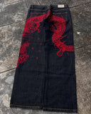 SHOPMOCHO Japanese Dragon Knitted Jeans Men Women Baggy Fit High Street Urban Casual Trendy Fashion Hip Hop Streetwear Daily Wear Style