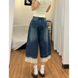SHOPMOCHO American Retro Lace Denim Shorts Women Summer New Fashion Washed Splice Seven-Quarter Wide Leg Jeans Trendy Mid-Length Pants