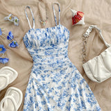 Shopmocho New French Floral Slip Dress for Women Spring Summer Sexy Temperament Backless Mini Dresses Vacation Style Sling Beach Skirt