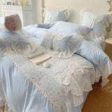 Shopmocho Three-dimensional Embroidery Aesthetic Lace Washed Cotton Quilt Cover Chiffon Soft /Breathable Bed Sheet Bedding Four Piece Set