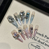 Shopmocho Handmade Press on Nails Shiny Pink Cat Eye Fake Nails for Women Girl Wearable Glitter Full Crystal Design False Nail Tips