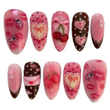 Shopmocho 24pcs Sweet Letter Press On Nails Cute Cherry Bowknots Ladybug Strawberry Decor False Nails Blush Pink Almond Fake Nail For Girl
