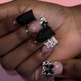 Shopmocho 24pcs Glossy Black Fake Nails For Spicy Girls Shimmery Rhinestone French Style Cross Press On Nail Mid-length Coffin Cool Nails
