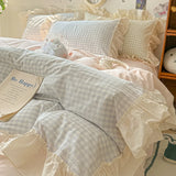 Shopmocho Korean Princess Style Bedding Set Soft Skin-friendly Lattice Lace Ruffles Quilt Cover Plaid Style Duvet Covers Set Pillowcases