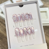 SHOPMOCHO 10pcs Aurora Cat Eye Handmade Press on Nails Pink Cherry Blossom False Nails Crystal Flower Pearl Fake Nails French Coffin Nail