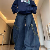SHOPMOCHO Deeptown Y2K Retro Women Jeans Big Pocket Scimitar Leopard Wide Leg Denim Cargo Pants Harajuku Baggy Autumn Streetwear Trousers