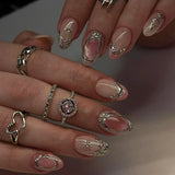 SHOPMOCHO 24Pcs Black Y2k Long False Nails with Almond Head Design Cat's Eye Silver Stripe Pattern Press on Fake Nails Wearable Nail Tips