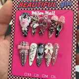 SHOPMOCHO Europe America Spice Girl Handmade Long Square Stilettos Fake Nails Metal Rivet Chain Flowers Lips Bowknot Diamond Press On Nail