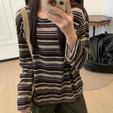 Shopmocho Long Sleeve Striped Korean Style Loose Women's T-shirt Polyester Fiber round Neck Casual Slimming Top for Early Autumn