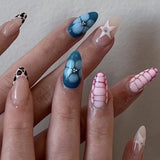 Shopmocho Pink Yellow Halo Dyeing Flower Water Ripple Summer False Nails Leopard Long Pointed Fake Nails Art Press on Nails Charm Manicure