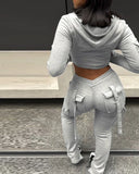 SHOPMOCHO Zipper Design with Exposed Navel Hooded Sweatshirt and Drawstring V-Shaped Waistline Work Pants, Sports Pants Long Pants Set