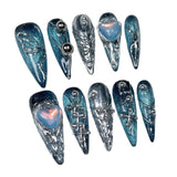 SHOPMOCHO Handmade Press on Nails Punk Cool Black Star Crocodile pattern False Nails Heavy Metal European Black Almond Fake Nail Patches