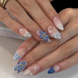 Shopmocho Pink Yellow Halo Dyeing Flower Water Ripple Summer False Nails Leopard Long Pointed Fake Nails Art Press on Nails Charm Manicure