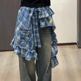 Shopmocho Adjustable Star Layer Outfits Plaid Skirt Hip-hop Sweet Lace Up Hip Scarf Korean Style Y2K Ruffled Edge Waistband Jeans Decor