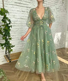 Shopmocho Prom Dresses Green Fairy Puffy Sleeve Lace Embroidery Tulle Formal Evening Party Gown Elegant Tea Lengt Robe De Soiré