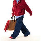 SHOPMOCHO New Korean Retro Blue Straight Leg Jeans Casual Loose Wide Leg Pants Fashion Men's Wide Jeans High Quality Pants