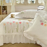 Shopmocho Quilt Bedding Set,white Lightweight Soft Bedspread, embroidery tulip Coverlet Set for All Seasons,3 Piece(1 Quilt,2 Pillow Shams