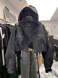 SHOPMOCHO Fashion Short Hooded Jacket 2025 New Spring Black Loose Motorcycle Coats Female Street  Windbreak Short Basic Coat