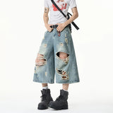 SHOPMOCHO Summer Trendy Men Jeans Ripped Loose Casual Man Pants Artistic Design Cropped Long Denim Trousers