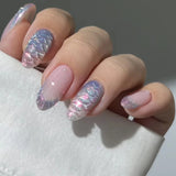 Shopmocho Fish Scale Glitter Powder Long Pointed Fake Nail Shell Pearl Cat Eye Starfish Summer Ripple False Nails Art Charm Press on Nails