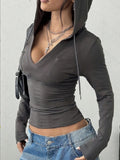 SHOPMOCHO New Elegant Fashionable Pure Color V-Neck Long Sleeve Ladies Hoodie for Commuting