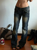 Shopmocho Y2k Vintage Embroidered Low Waist Jeans Blue Jeans Embroidered Diamonds Pocket Hip Hop Streetwear Harajuku Gothic Wide Pants