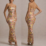 Shopmocho Summ Women Flowers Sequin Patchwork Slim Party Long Dress Strapless Fashion Maxi Dress, Sexy Sleeveless Ladies Dress Vestidos