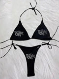 Shopmocho 2000s Woman Punk New Beach Swimwear gothic clothes BRAT Rhinestone printing Grunge Swimsuit Bikini Y2K Bathing Suits Lace Up ﻿
