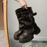 Shopmocho Winter Women Biker Boots Fashion Belt Buckle Ladies Elegant Platform Flats Short Booties Casual Women's Knight Booties