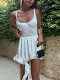 Shopmocho Sexy Women's Satin Sleeveless Bodysuit White Lace Hem Skirts 2025 Matching Set Chic Bodycon Deep V Open Back Top Female Outfit