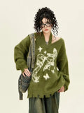 Shopmocho Winter American New Green Bow Neck Sweater Women Loose Print Pattern Vintage High Street Lazy Wind Knitted Sweater