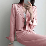 SHOPMOCHO Suit Coat 2 Piece Set Women Blazer Jacket Straight Pants Ensemble Single Breasted Turn Down Collar Trousers Office Lady Outfits