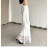 SHOPMOCHO-SylCue Lace Patchwork Skirts Women High Waist Hip-Covering Irregular Casual Fashion Creamy Sweet Style Ruched Elegant Outfits