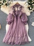 Shopmocho Ladies Dress Three-dimensional Flower Hook Mesh Temperament Stand Collar Lantern Sleeve High Waist Slim Female Dresses