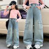 SHOPMOCHO Girls Cargo Jeans Kids Wide-legged Denim Pants Teenagers Fashion Streetwear Loose Trousers Children Casual Clothes 5-12Y