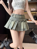 SHOPMOCHO Y2k Vintage Streetwear Sexy Denim Skirts Women American Belt Buckle High Waist Pleated Skirt Hottie All-match Short Skirt Summer
