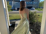 Shopmocho Satin Prom Dresses Pockets Draped Neck Long Formal Evening Gown Spaghetti Strap A line Bridesmaid Dress Lace Up Back with Slit