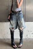SHOPMOCHO Women's Retro Old Washing Wide-leg Five-point High Street Design Ripped Denim Shorts