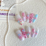 SHOPMOCHO 10pcs pure handmade coffin shaped nail art, beautiful fake nails, playful pink white blue nail art, suitable for women to use