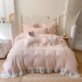 Shopmocho Three-dimensional Embroidery Aesthetic Lace Washed Cotton Quilt Cover Chiffon Soft /Breathable Bed Sheet Bedding Four Piece Set