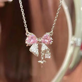 SHOPMOCHO Y2K Crystal Bowknot Heart Pendant Necklace for Women Pink Heart Aesthetic Necklace Clavicle Chain 2026 Trendy Party Jewelry Gift