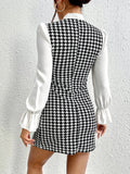 Shopmocho Sexy Temperament New Color Contrast Print Casual Summer Bow Tie Slim Long-sleeved Dress