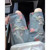 SHOPMOCHO Women's Spring Autumn High Waist Fit Flare Jeans Retro Floral Print Ripped Vintage Denim Pants Korean Y2K Fashion Streetwear
