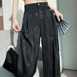 Shopmocho New Chinese Style Jacquard Wide Leg Satin Pants for Women Elegant Solid Office Lady Women's Casual Loose Pants Female