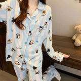 SHOPMOCHO Cartoon Cute Penguins Print Women's Pajamas Fashion Blue White Striped Milk Silk Homewear 2025 Spring Fall New Casual Sleepwear