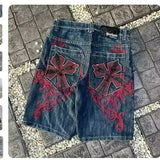 SHOPMOCHO Baggy Y2K New Trend Harajuku Hip-Hop Rock Joker Street Mens Sports Pants Gothic Retro Embroidery Loose American Denim Shorts