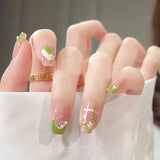 SHOPMOCHO 24Pcs Cat’s Eye Leopard Print Press on Fake Nails Mid-length Ballet False Nails with Rhinestone Detachable Full Cover Nail Tip